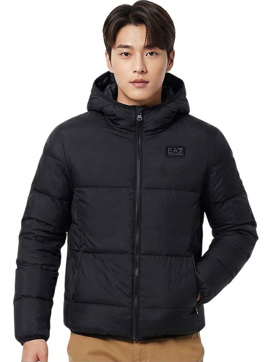 EA7 Emporio Armani Black Solid Hooded Jacket