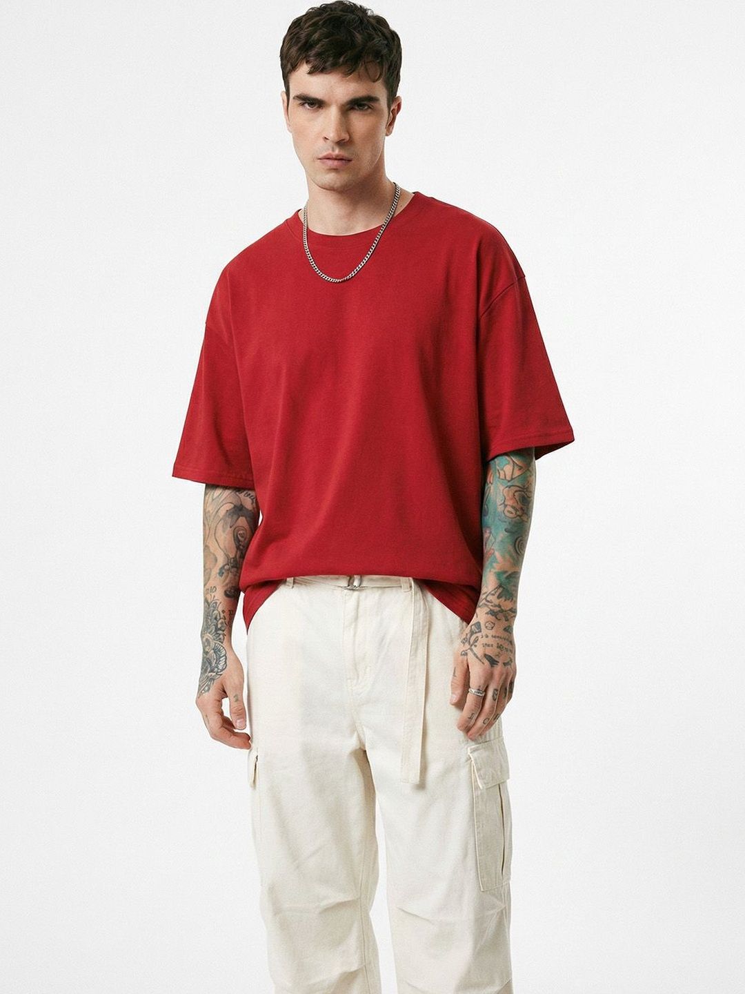 Crazymonk Men Plain Red Drop-Shoulder Sleeves Oversized Fit T-shirt