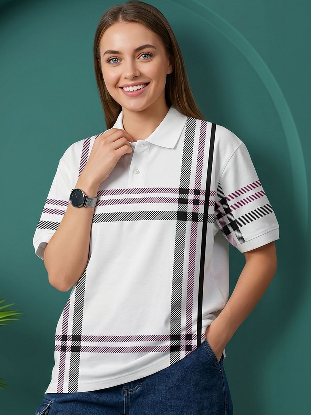 Moda Rapido Women Checked Polo Collar T-shirt