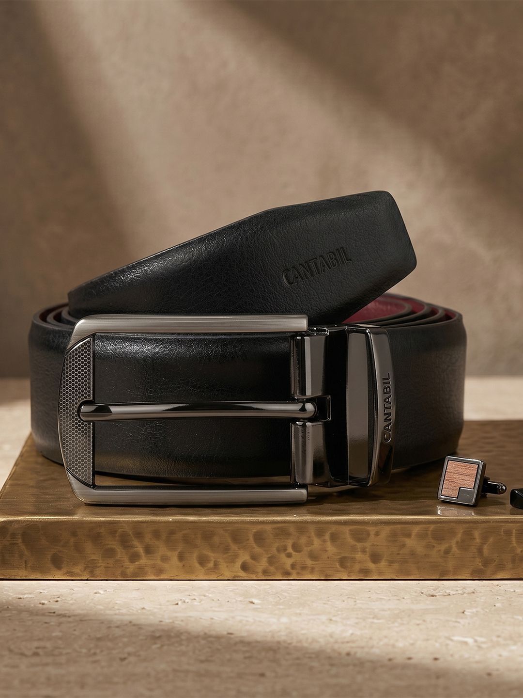 Cantabil Men Textured Leather Reversible Formal Belt