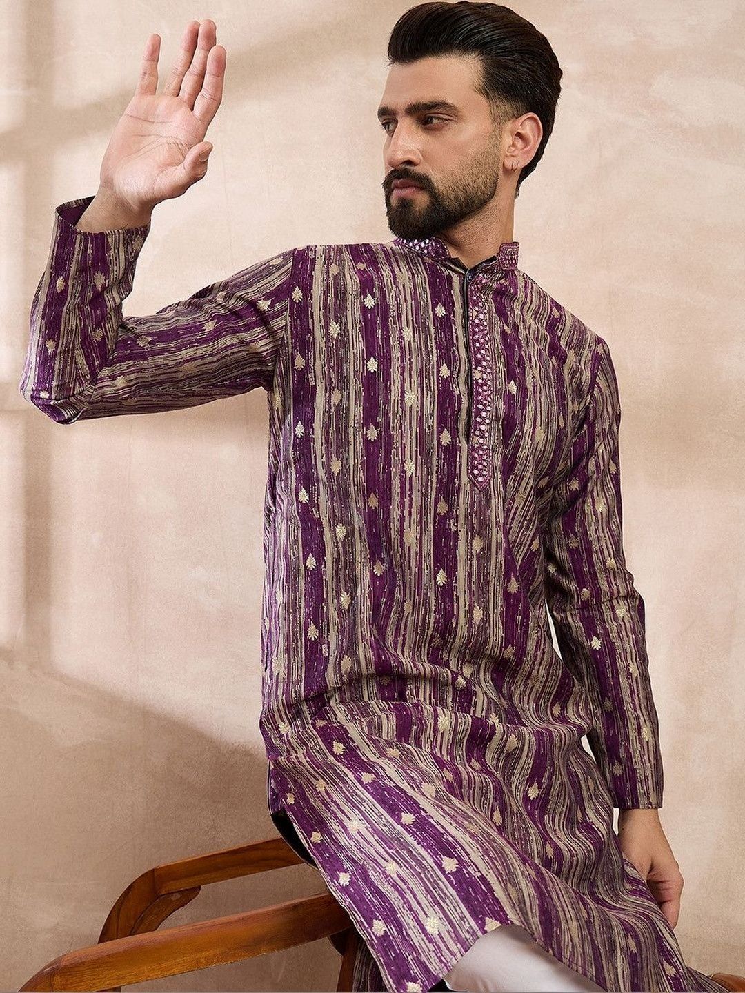 House of Pataudi Printed Mandarin Collar Knee Length Straight Kurta