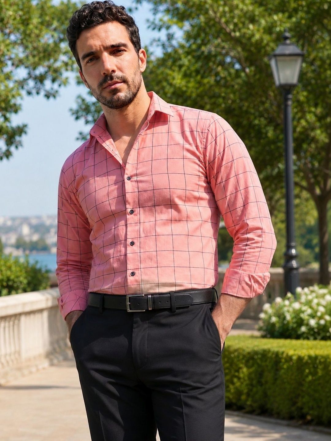 Indian Needle Men Classic Windowpane Checks Checked Casual Shirt