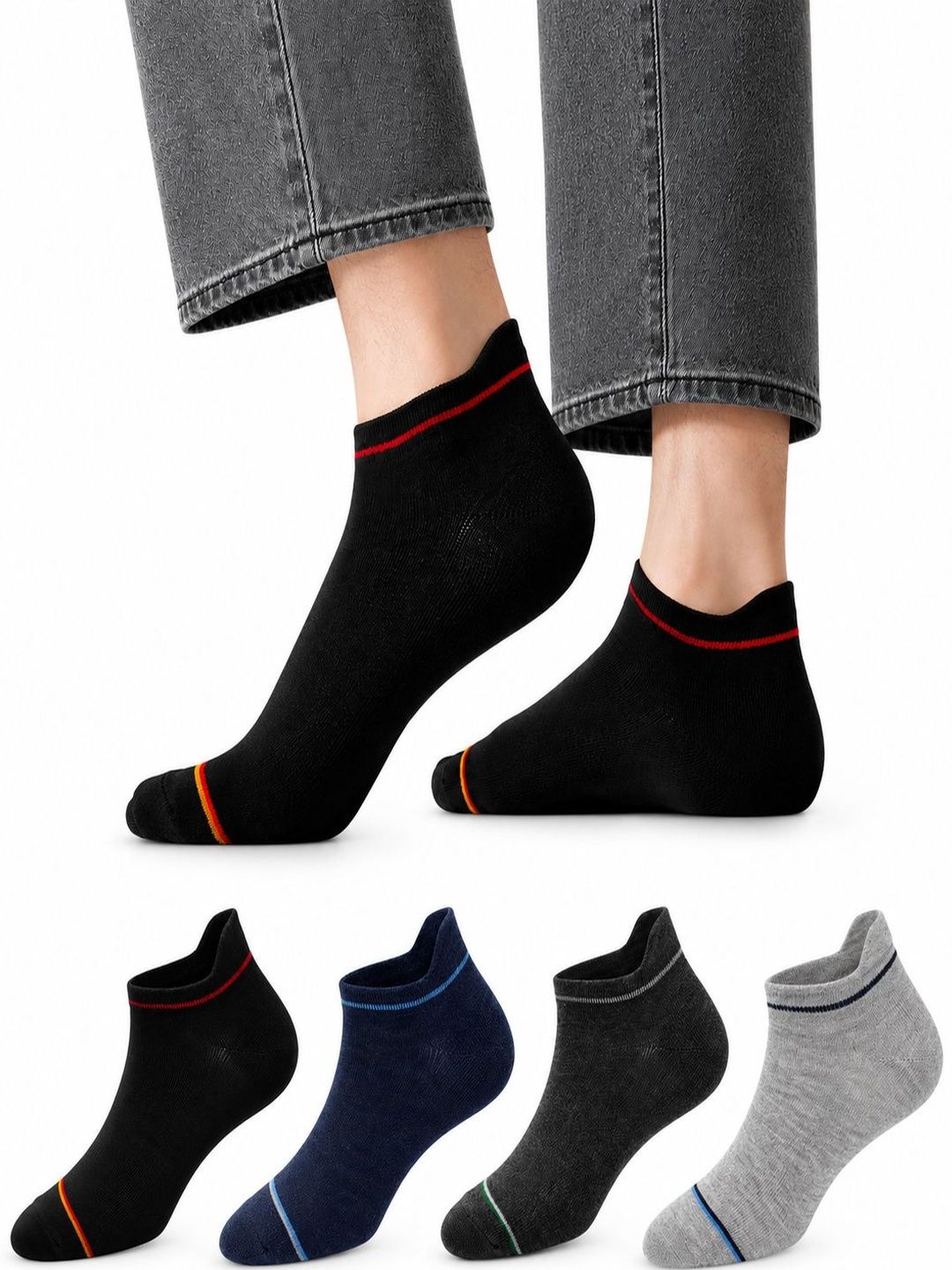 young arrow Men Pack of 4 Cotton Assorted Striped Ankle Length Socks
