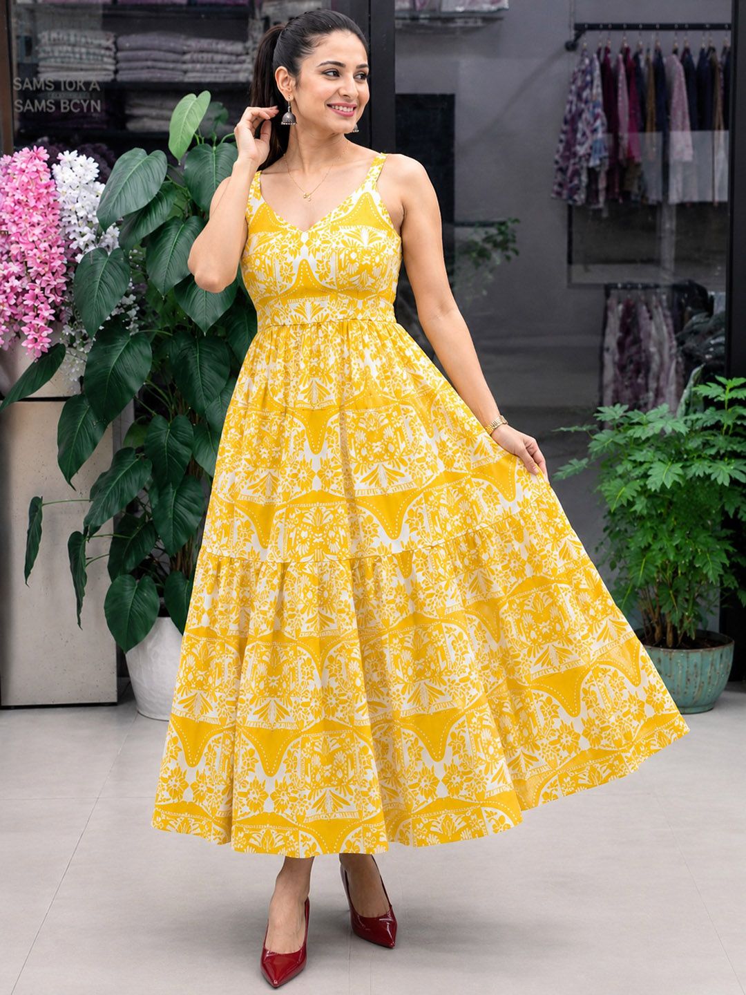 Chaukas Ethnic Motifs Print A-Line Midi Dress