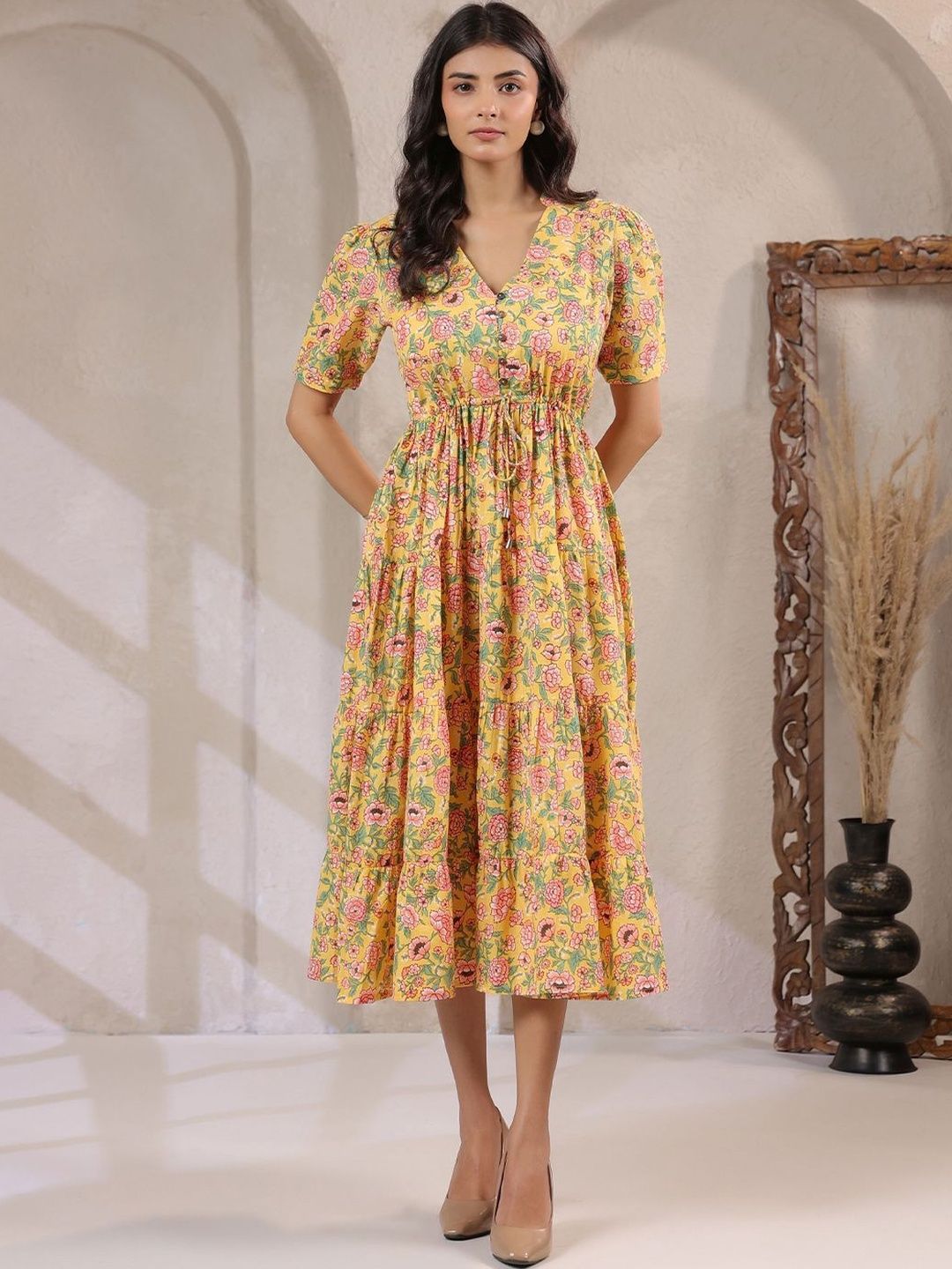 Twelve South Floral Print Puff Sleeve A-Line Midi Dress