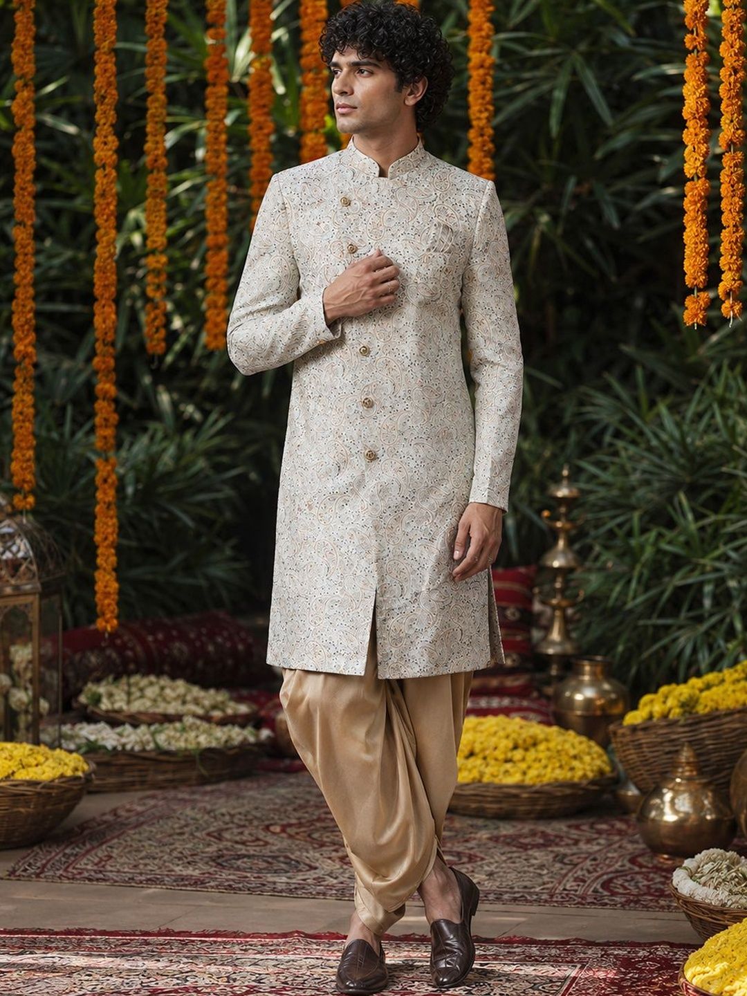 SOURAGYA Printed Mandarin Collar Sherwani Set