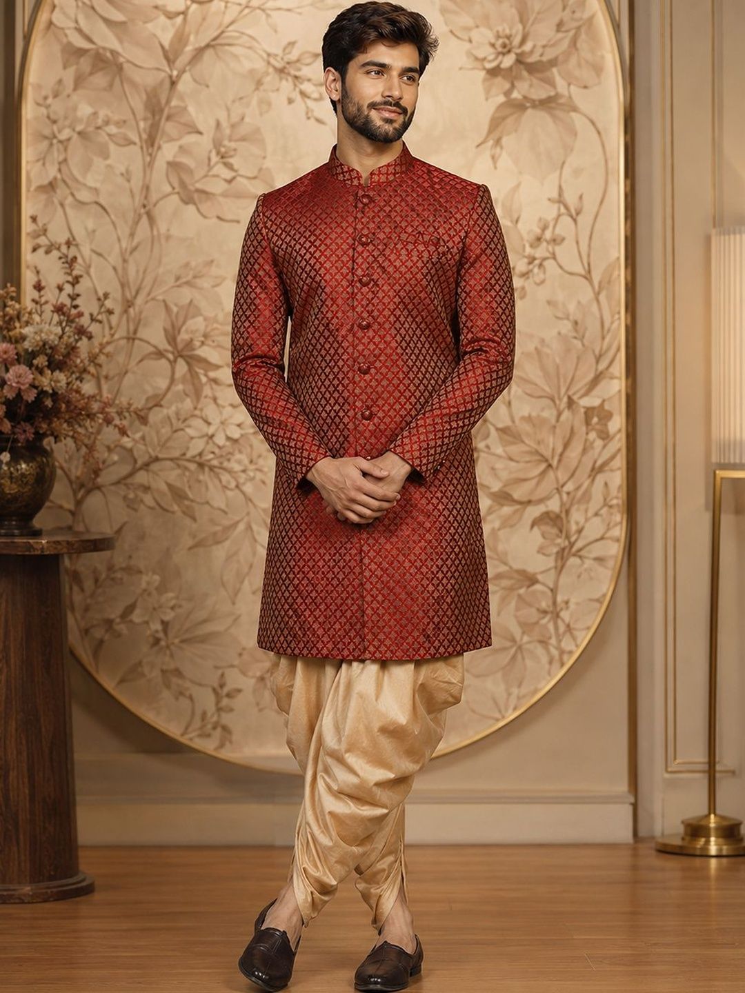 SOURAGYA Self Design Mandarin Collar Sherwani Set