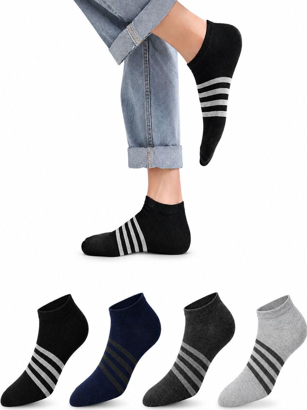young arrow Men Pack of 4 Cotton Assorted Striped Ankle Length Socks