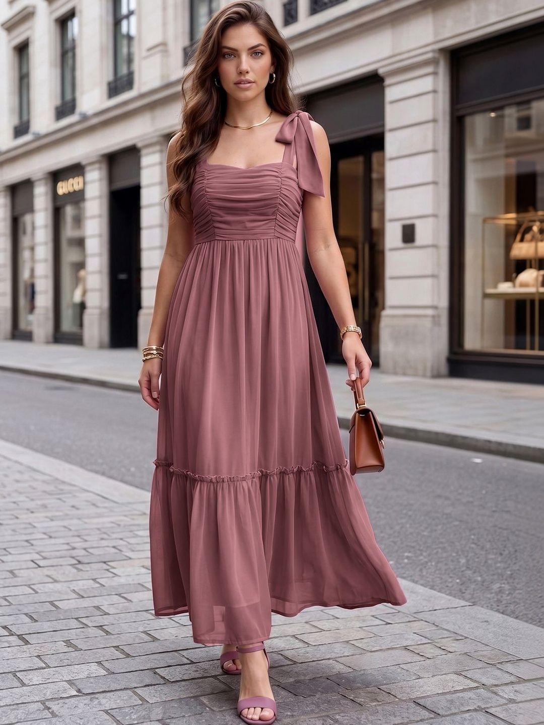 aayu Women Solid  Shoulder Straps Chiffon Pleated Maxi Dress