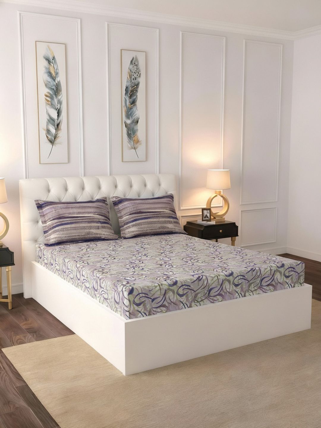 Raymond Home Raymond Home Grey & Purple Geometric 140 TC Queen Bedsheet with 2 Pillow Covers