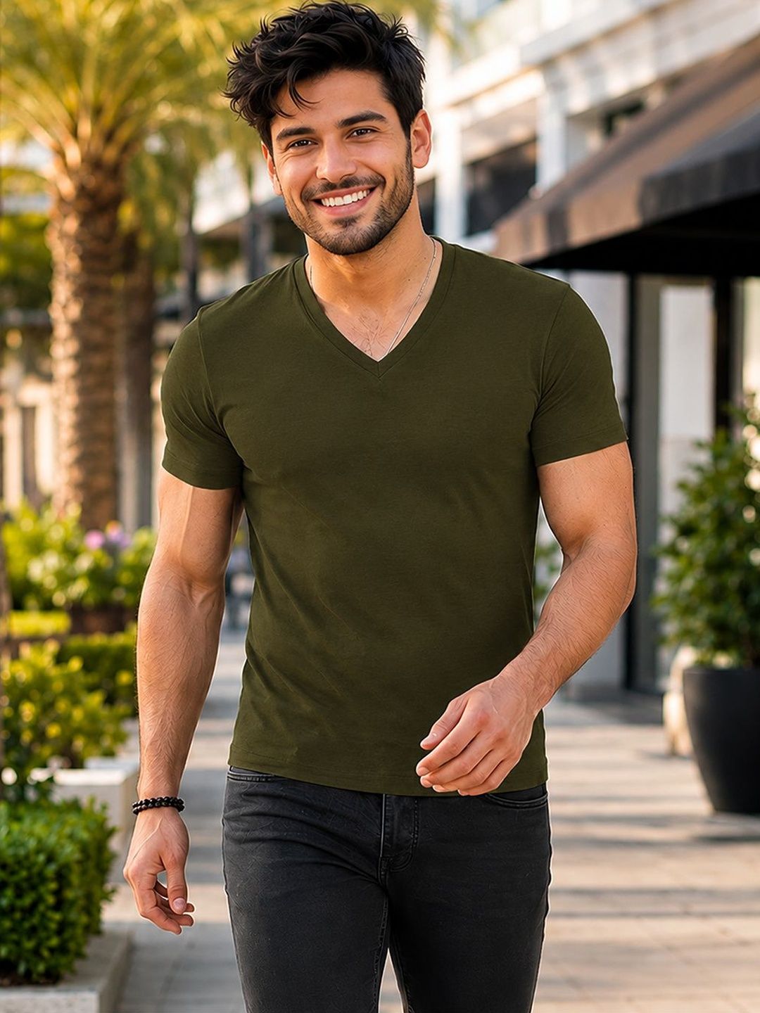 FBAR Men Black V Neck T Shirt Half Sleeve Solid Casual T-Shirt