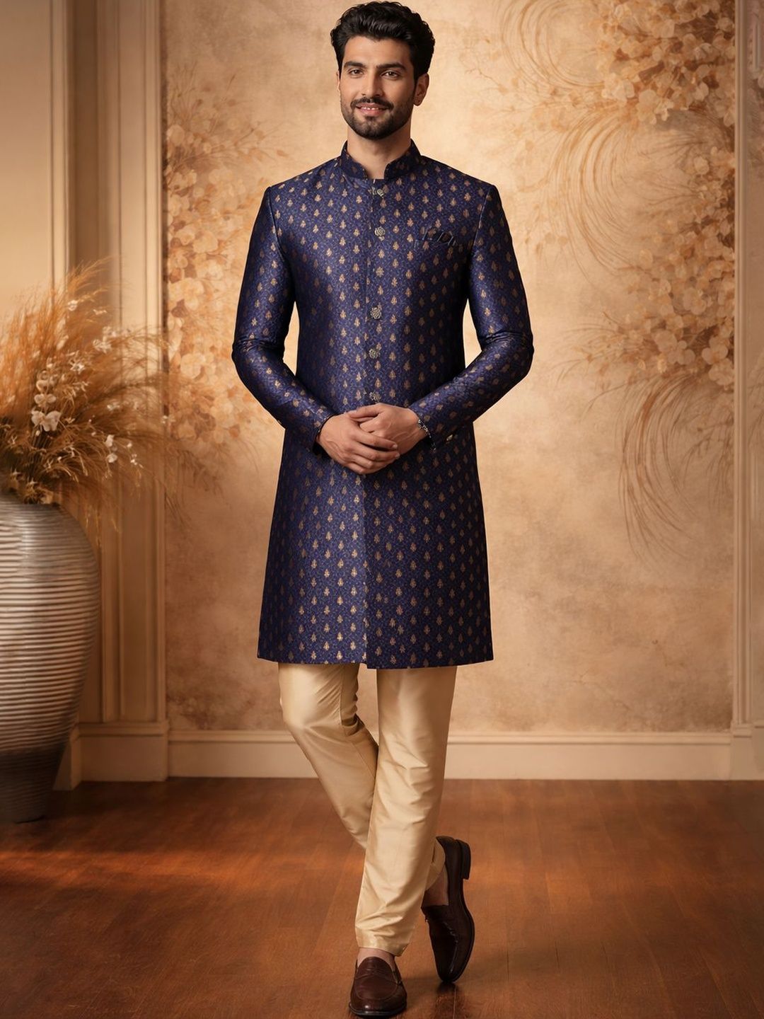 SOURAGYA Embroidered Mandarin Collar Sherwani Set