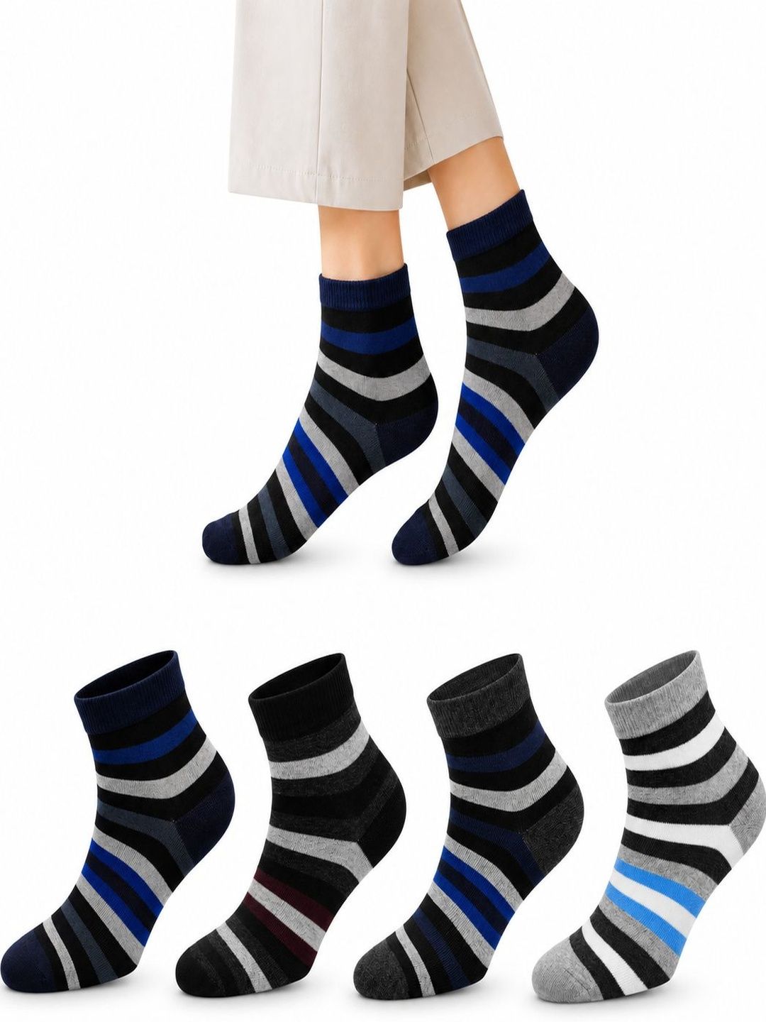 young arrow Men Pack of 4 Cotton Assorted Striped Ankle Length Socks