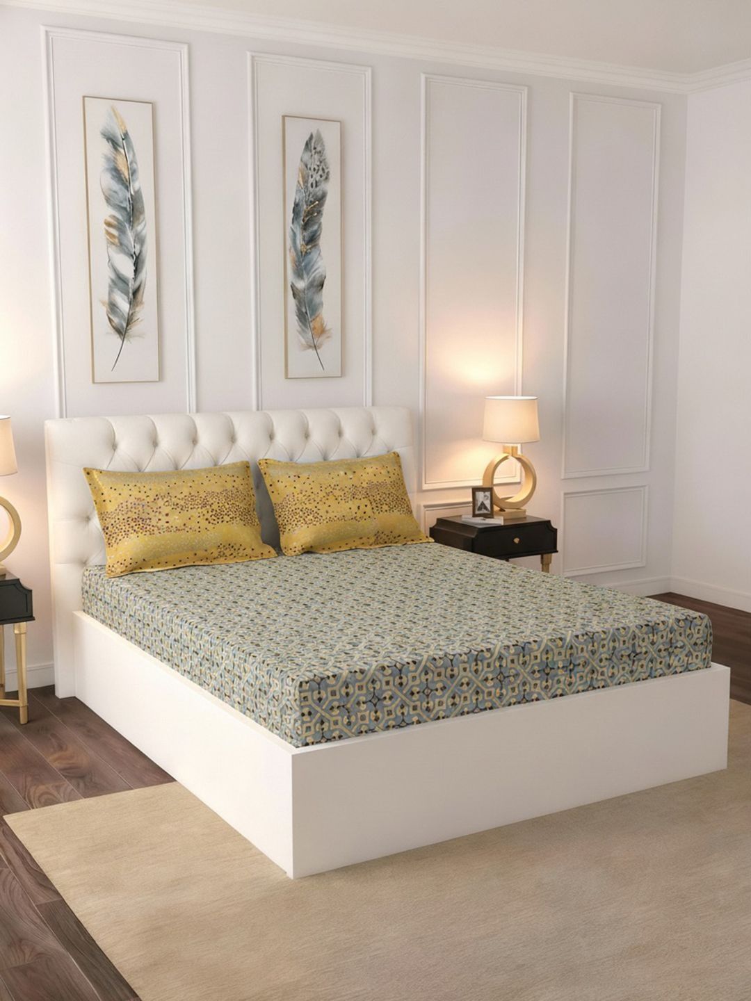Raymond Home Raymond Home Blue & Yellow Geometric 140 TC King Bedsheet with 2 Pillow Covers