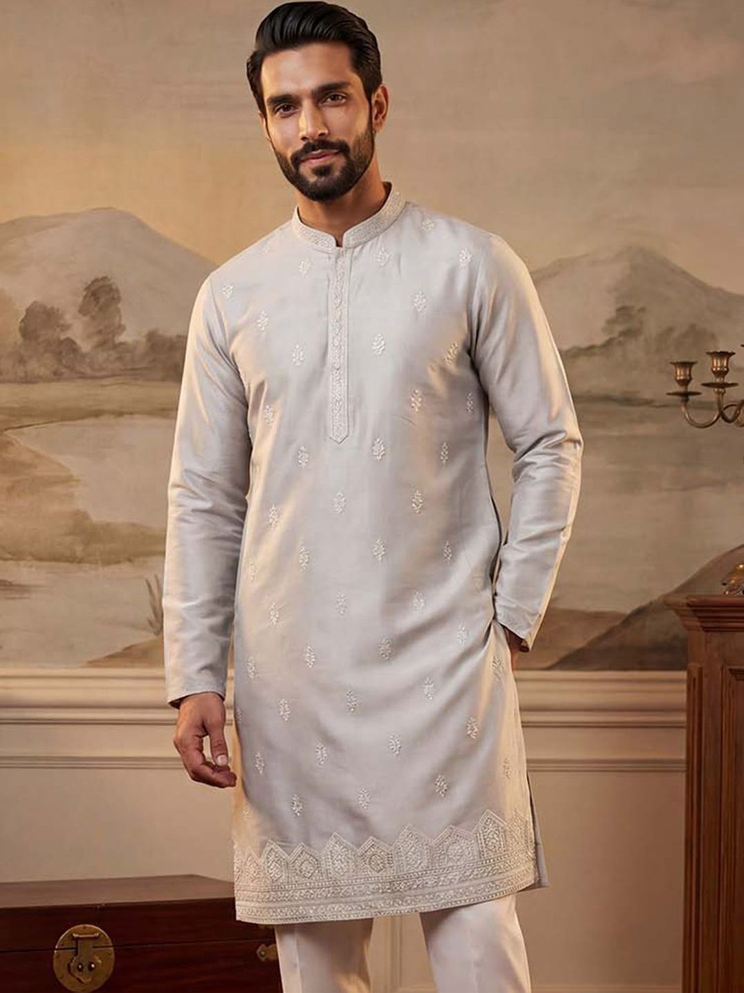 House of Pataudi Embroidered Mandarin Collar Calf Length Straight Kurta