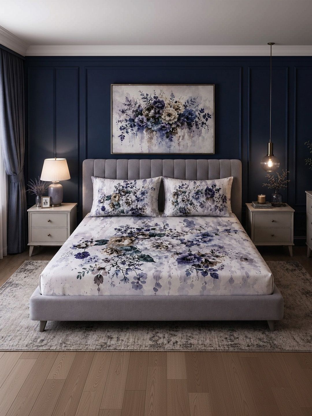 Signature Signature White & Blue Floral 144 TC King Bedsheet with 2 Pillow Covers