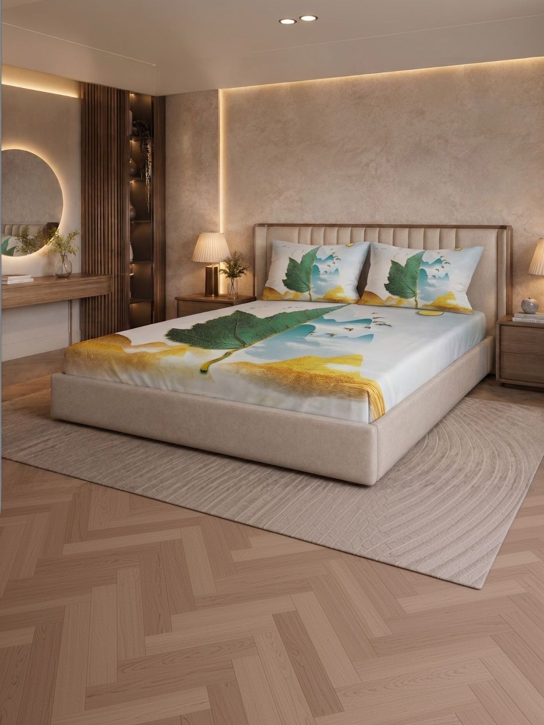 Signature Signature White & Green 144 TC King Bedsheet with 2 Pillow Covers