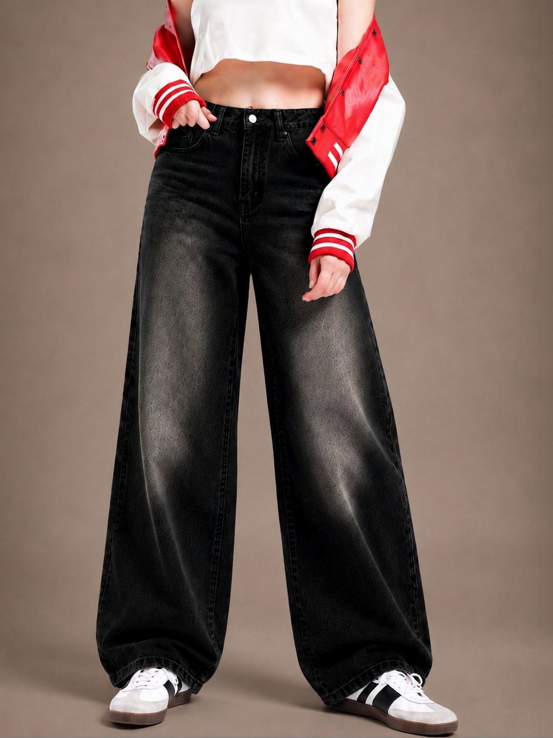 glitchez Women Comfort Wide Leg High-Rise Low Distress Light Fade Stretchable Jeans