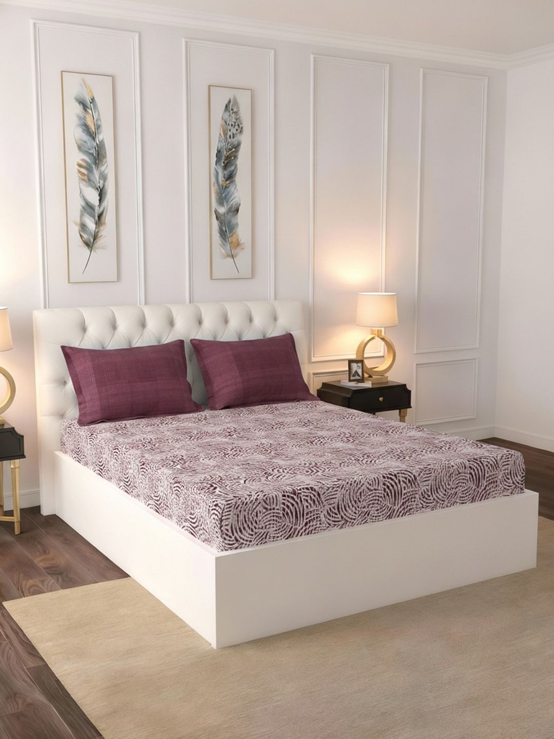 Raymond Home Raymond Home Maroon & White Geometric 140 TC Queen Bedsheet with 2 Pillow Covers