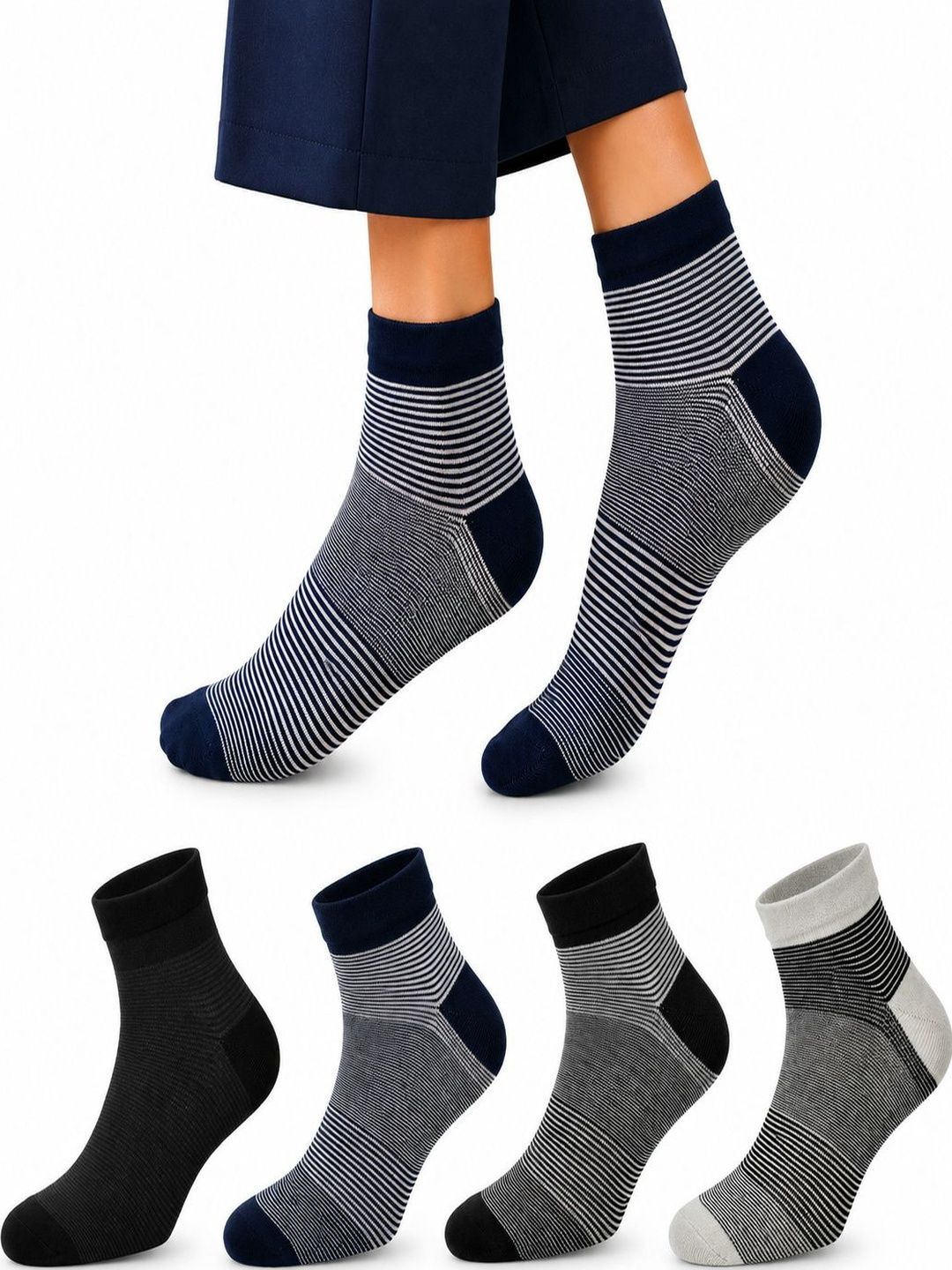 young arrow Men Pack of 4 Cotton Assorted Striped Ankle Length Socks