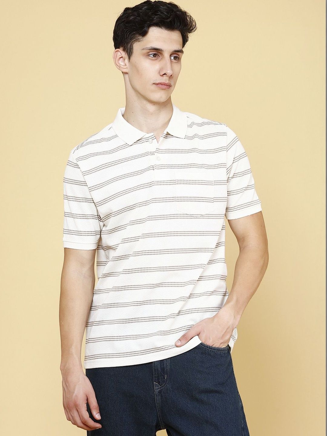 V-Mart Men Striped Polo Collar Pockets T-shirt