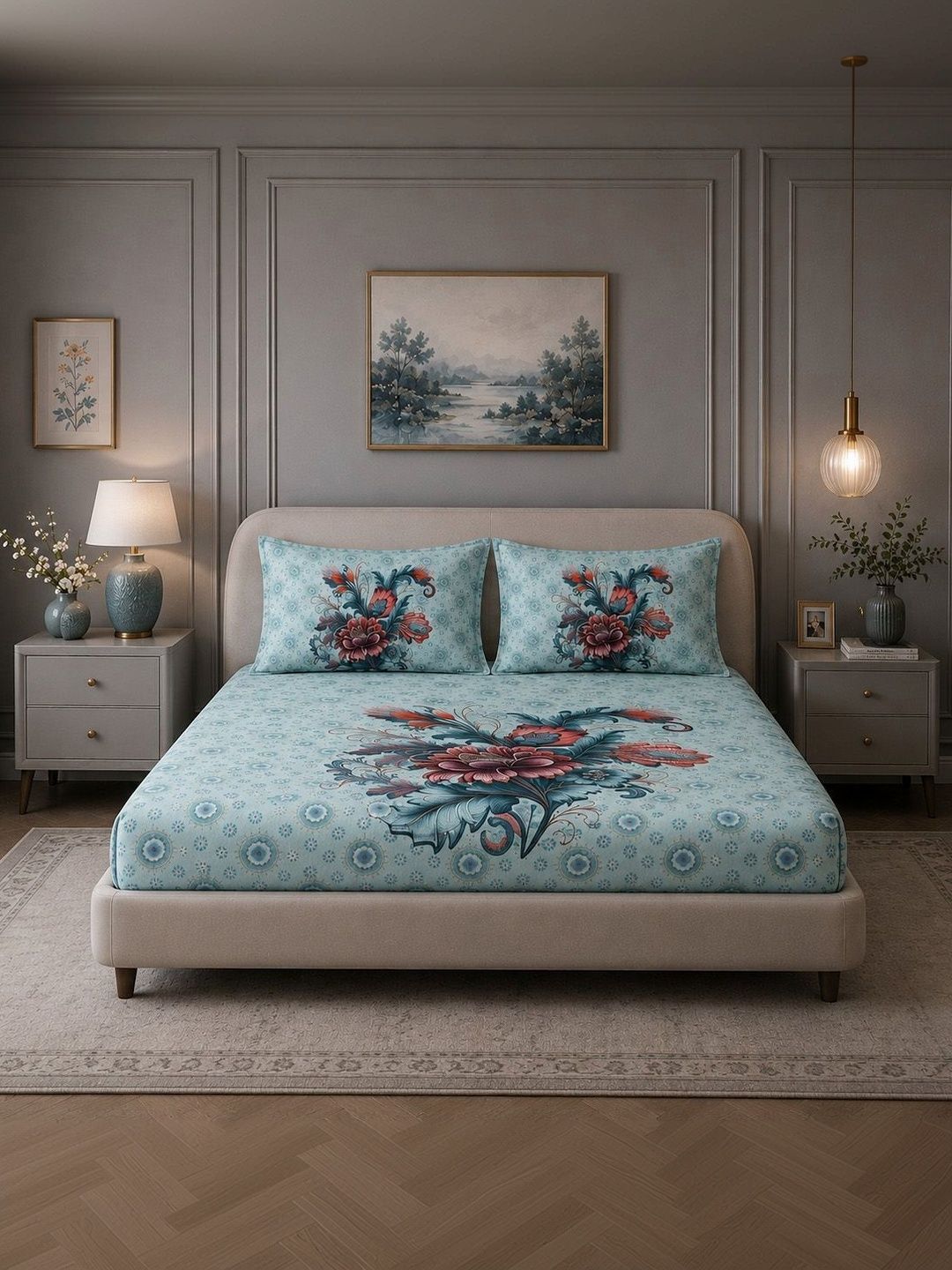 Signature Signature Blue & Red Floral 144 TC King Bedsheet with 2 Pillow Covers