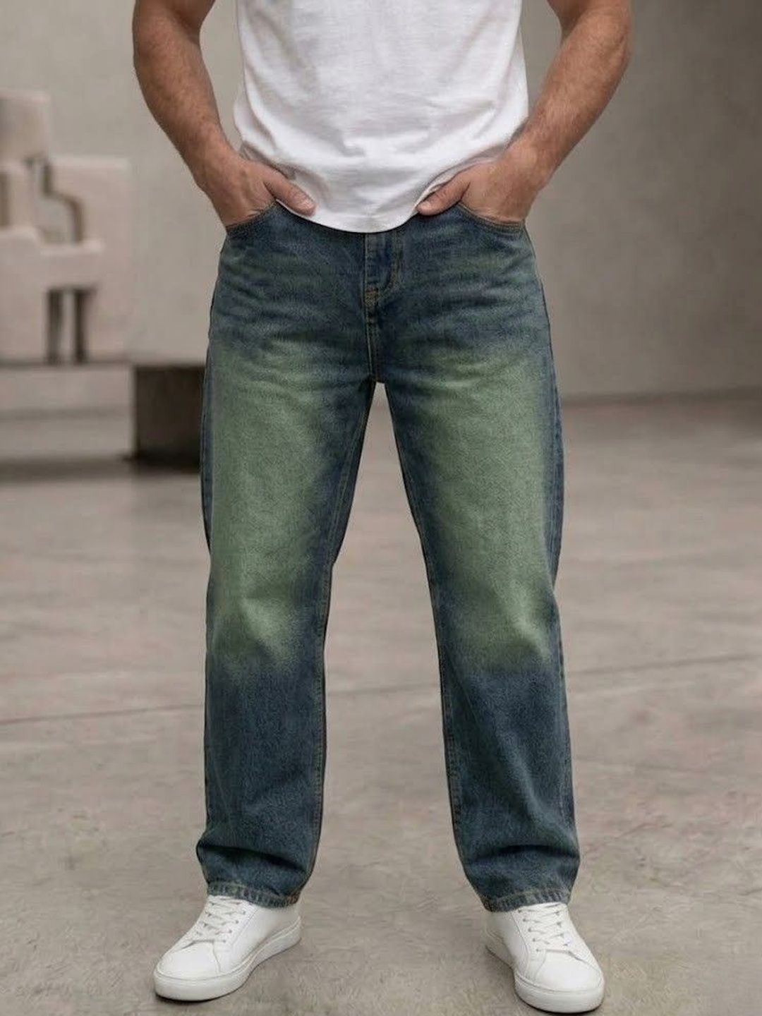 WOOMNY Men Wide Leg Mid-Rise Light Fade Jeans