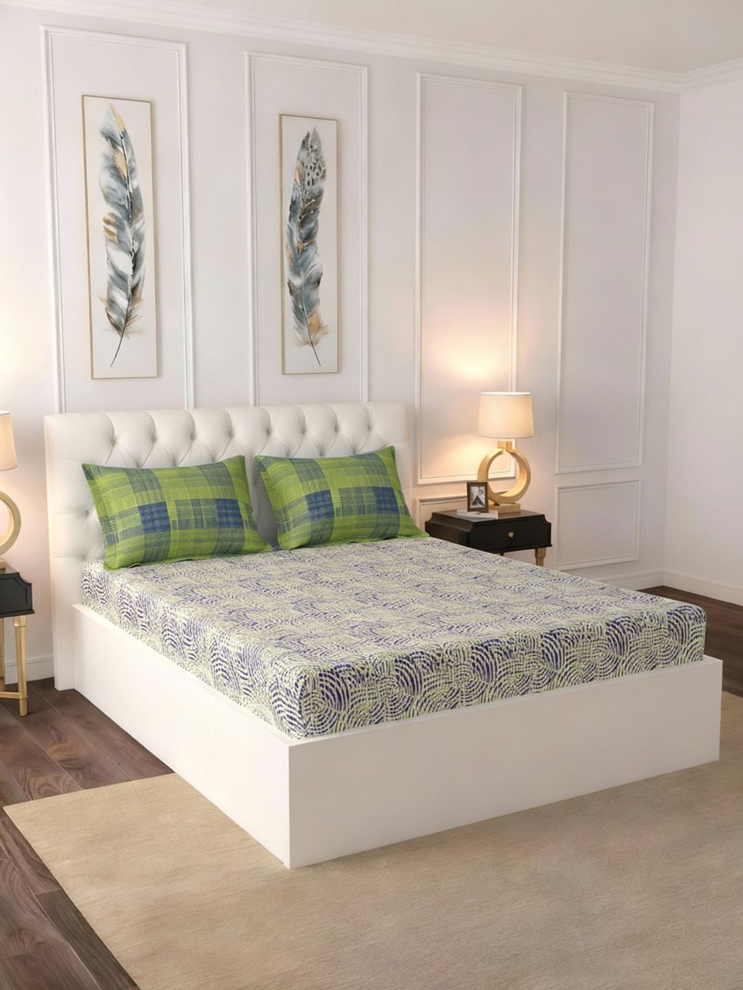 Raymond Home Raymond Home Green & Blue Geometric 140 TC Queen Bedsheet with 2 Pillow Covers