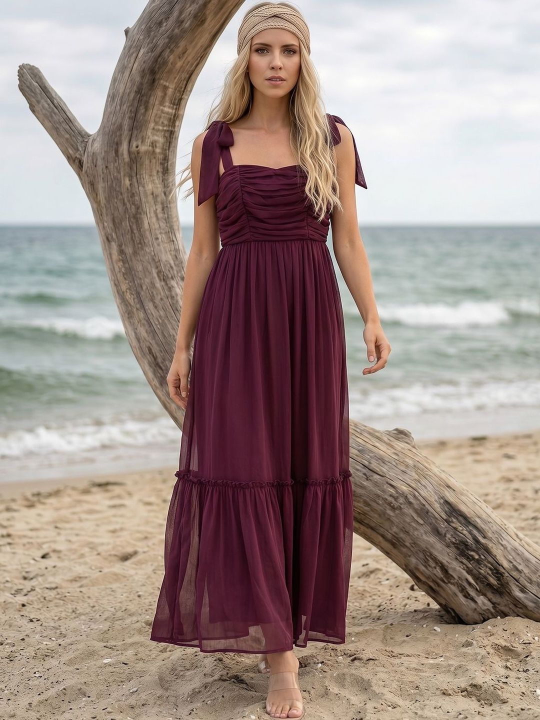 aayu Women Solid PLeated Maxi Dress