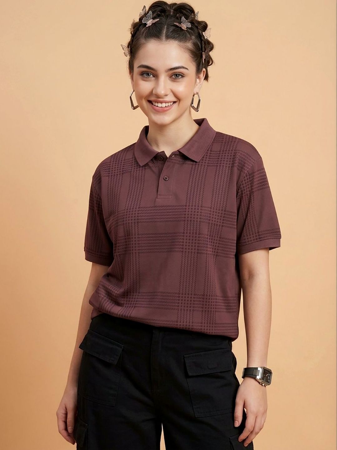 Moda Rapido Women Checked Polo Collar T-shirt