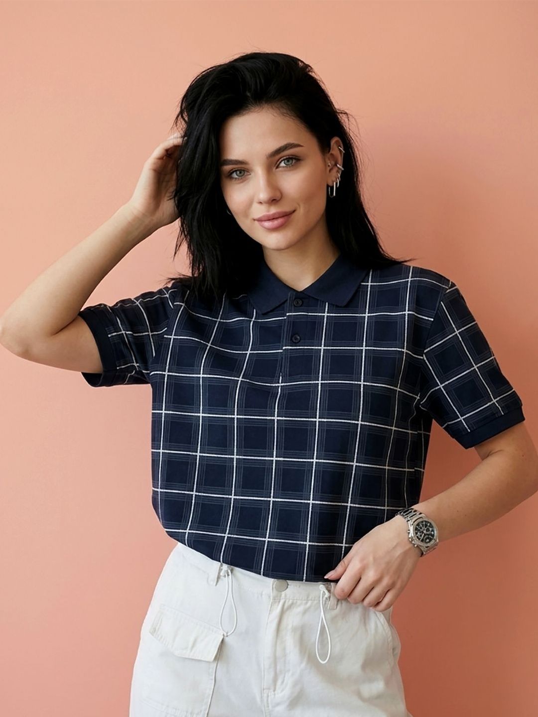 Moda Rapido Women Checked Polo Collar T-shirt