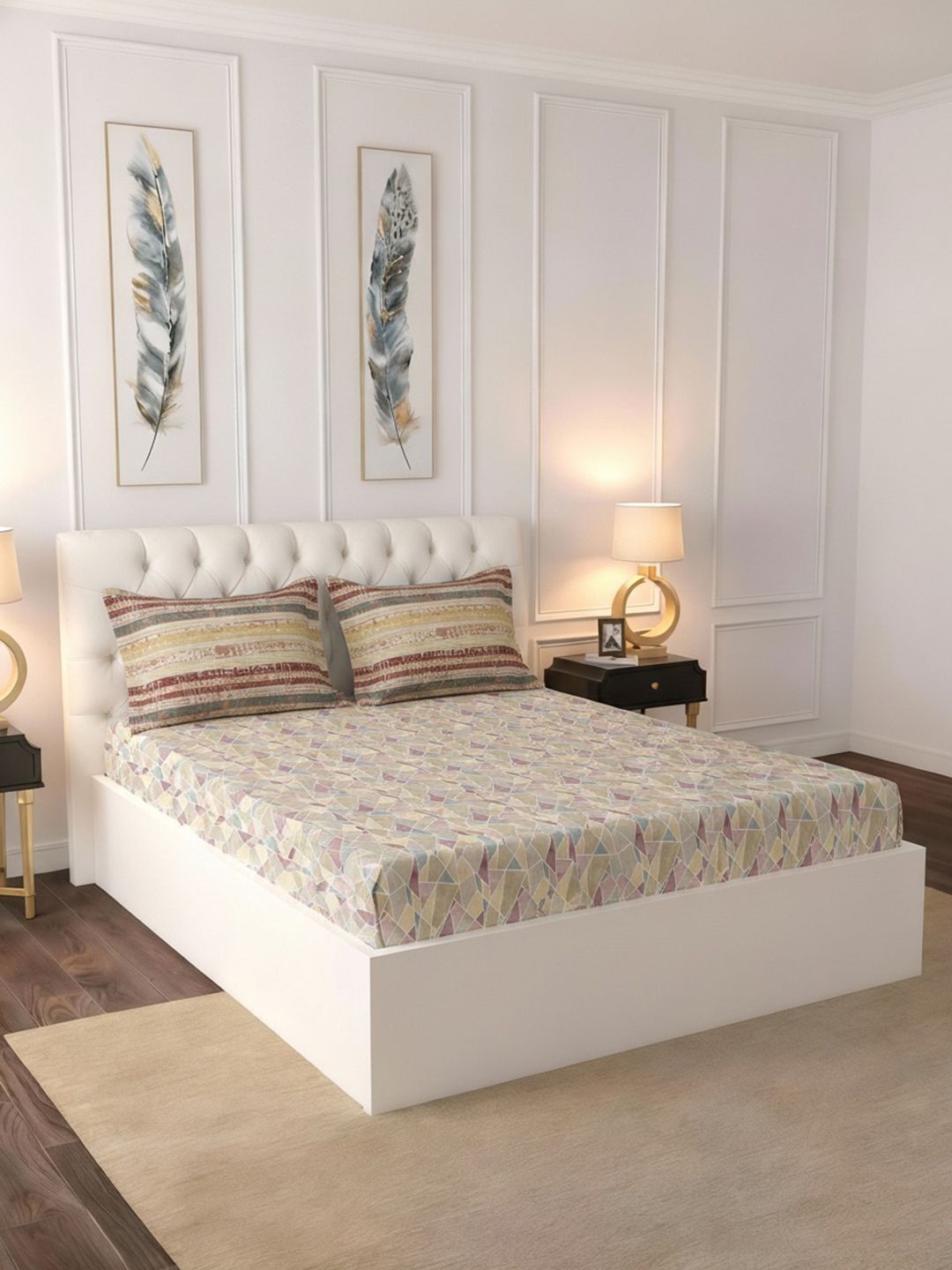 Raymond Home Raymond Home Beige & Multicoloured Geometric 140 TC Queen Bedsheet with 2 Pillow Covers