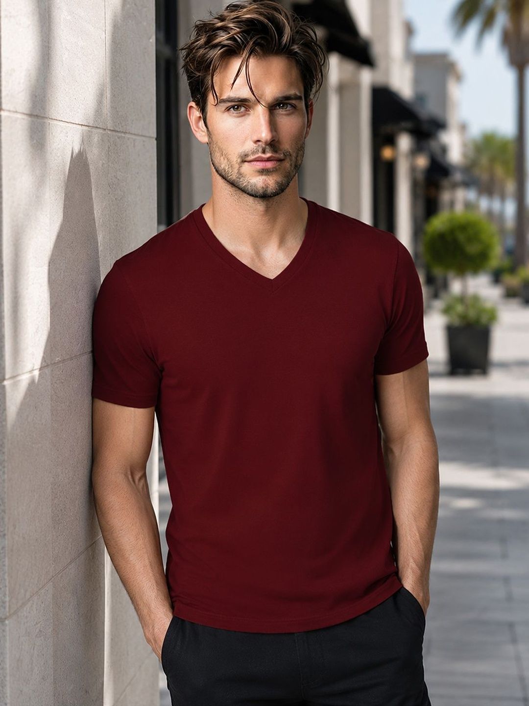 FBAR FBAR Men Black V Neck T Shirt Half Sleeve Solid Casual T-Shirt