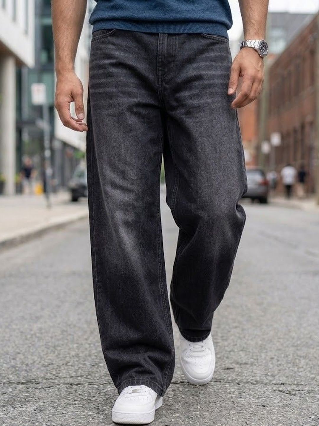 WOOMNY Men Wide Leg Mid-Rise Light Fade Jeans
