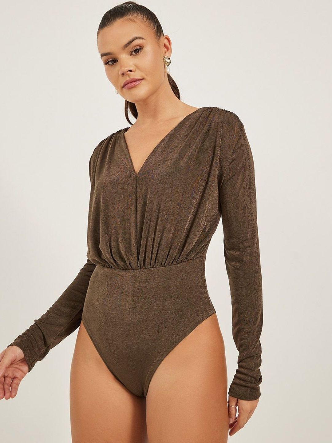 Styli Women Brown Solid Deep V Neck Wrap Bodysuit