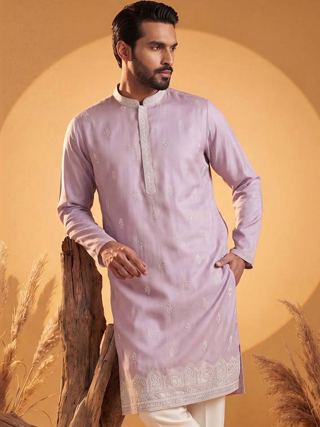 House of Pataudi Embroidered Mandarin Collar Calf Length Straight Kurta