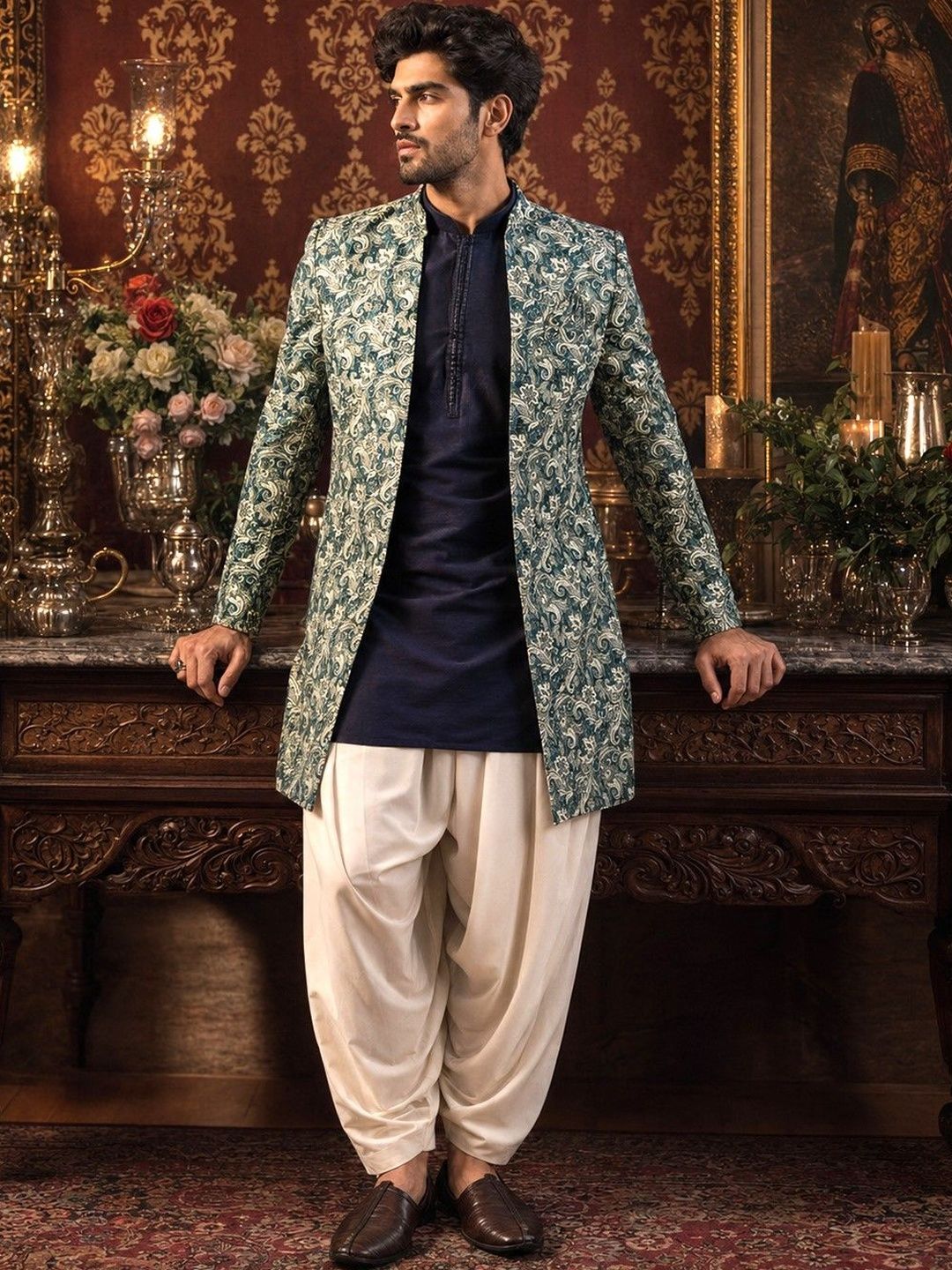 SOURAGYA Printed Mandarin Collar Sherwani Set