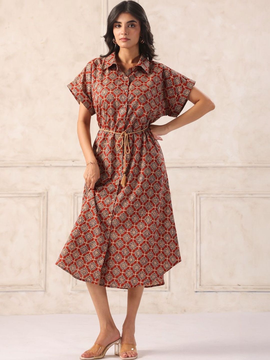 KALAMIR Ethnic Motifs Print Shirt Midi Dress