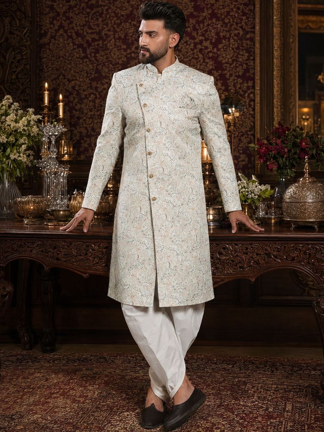 SOURAGYA Printed Mandarin Collar Sherwani Set