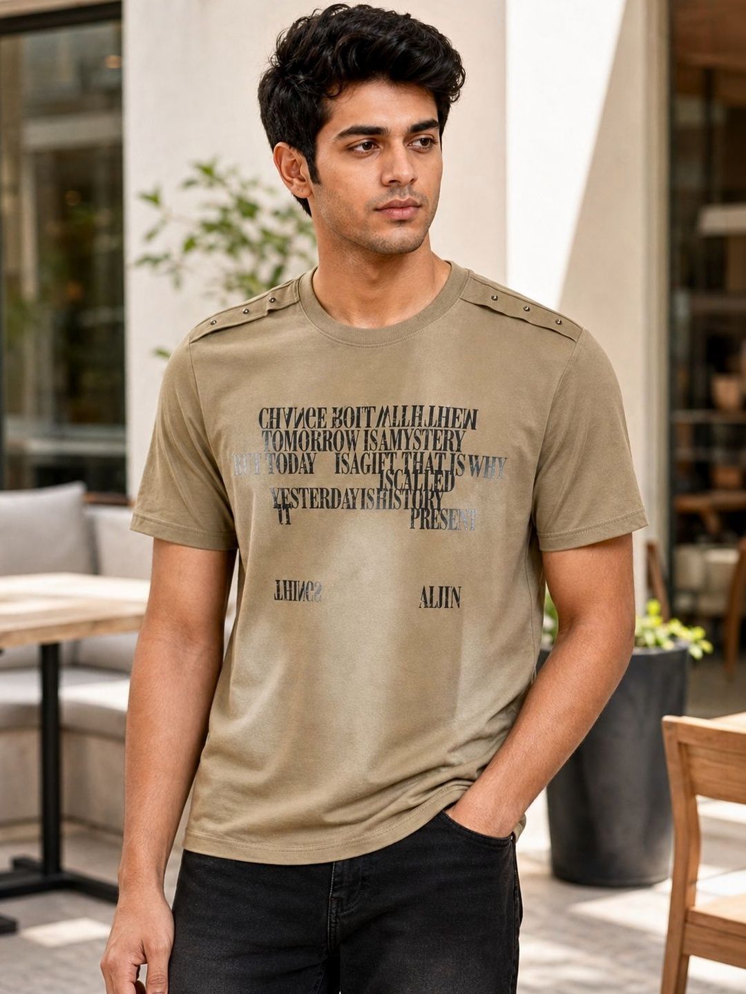 RINO7 Men Typography Printed Round Neck Cotton T shirt