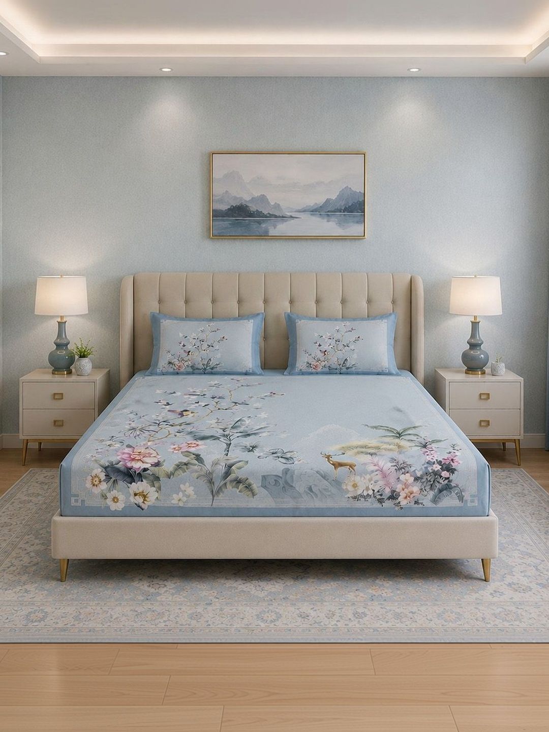 Signature Blue & White Floral 144 TC King Bedsheet with 2 Pillow Covers