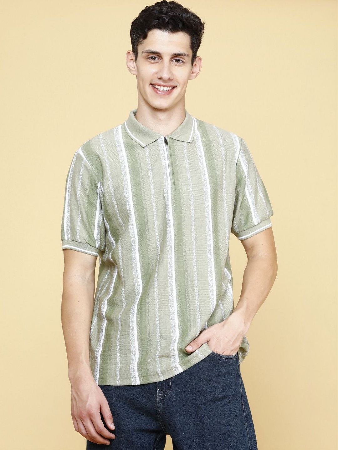 LIMEROAD Men Striped Polo Collar T-shirt