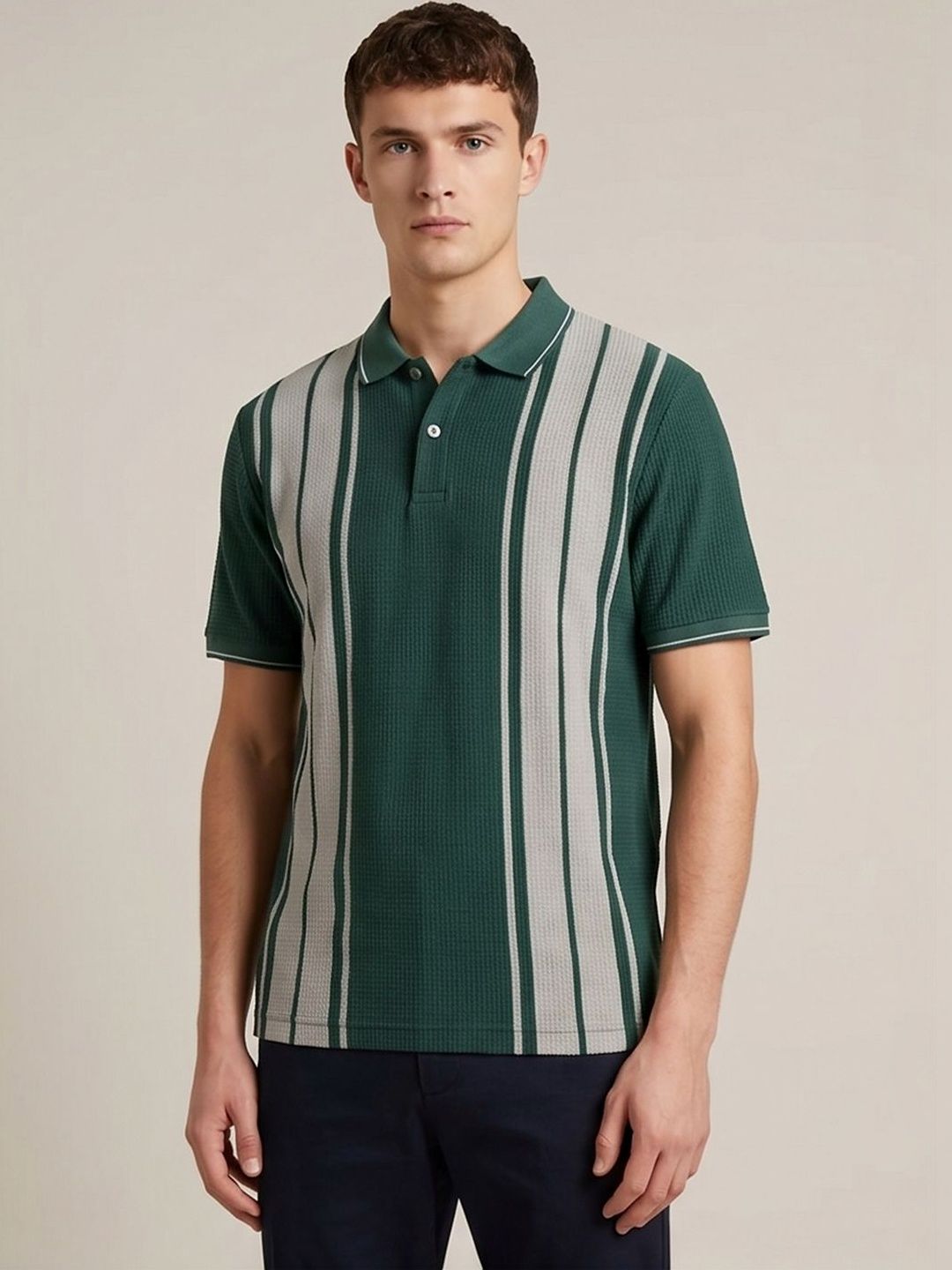 LIMEROAD Men Striped Polo Collar T-shirt
