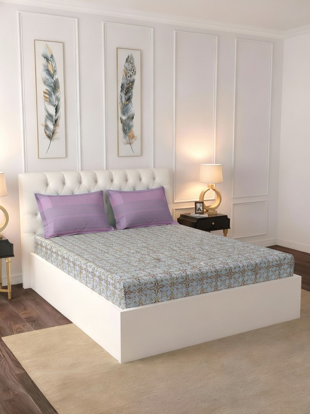 Raymond Home Raymond Home Blue & Purple Geometric 140 TC Queen Bedsheet with 2 Pillow Covers