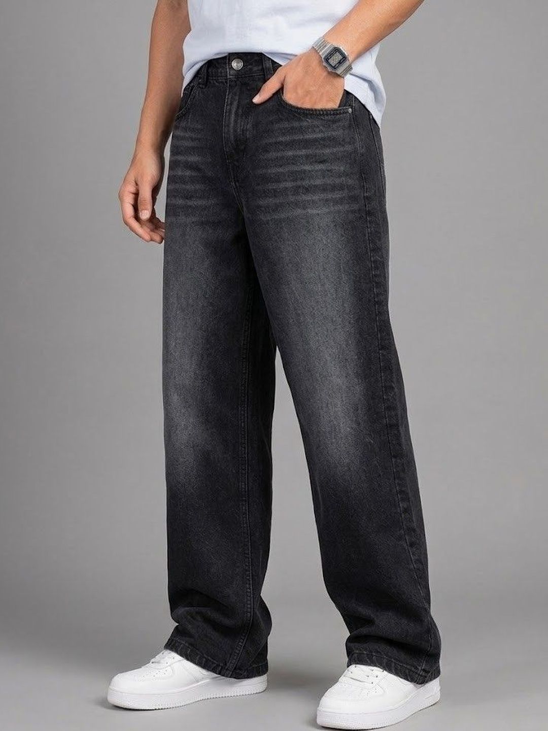 Niffar Fashion Men Wide Leg Mid-Rise Light Fade Jeans