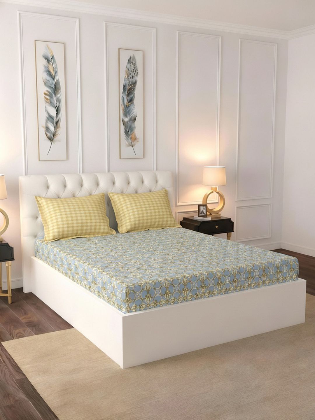 Raymond Home Raymond Home Blue & Gold-Toned Geometric 140 TC Queen Bedsheet with 2 Pillow Covers