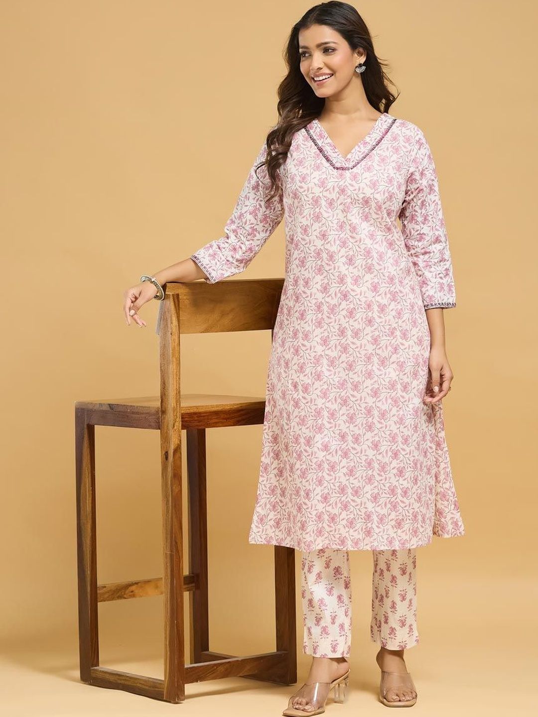Women Printed Kurta with Trousers Fabindia Women Floral Printed Regular Pure Cotton Kurta with Trousers