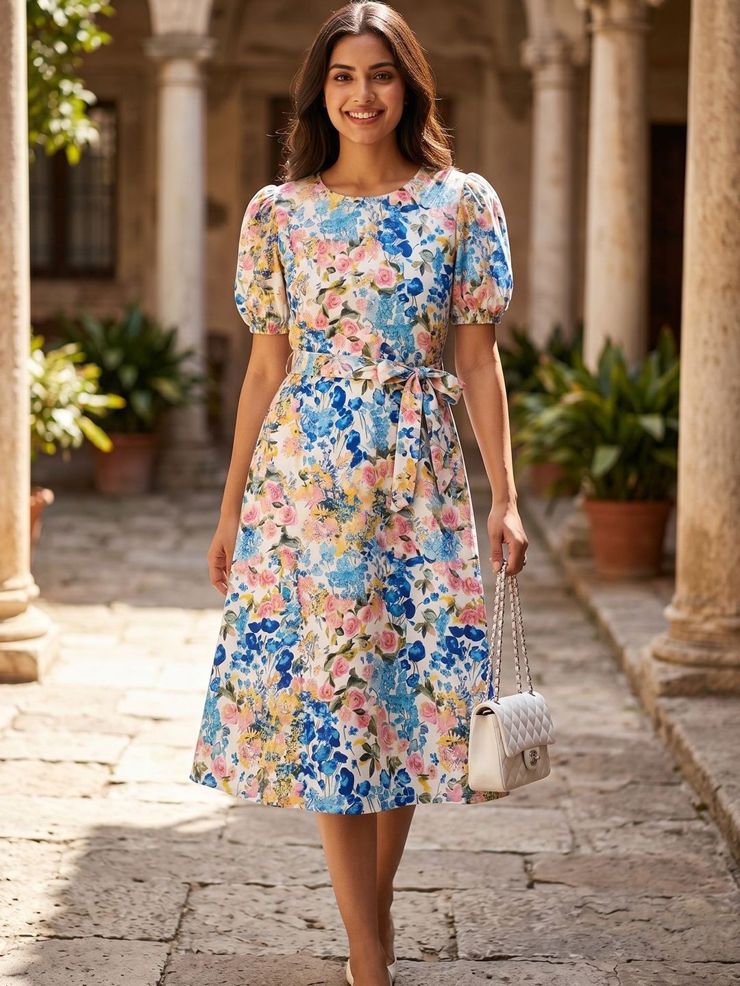 HELLCAT HELLCAT Floral Print Puff Sleeve A-Line Midi Dress