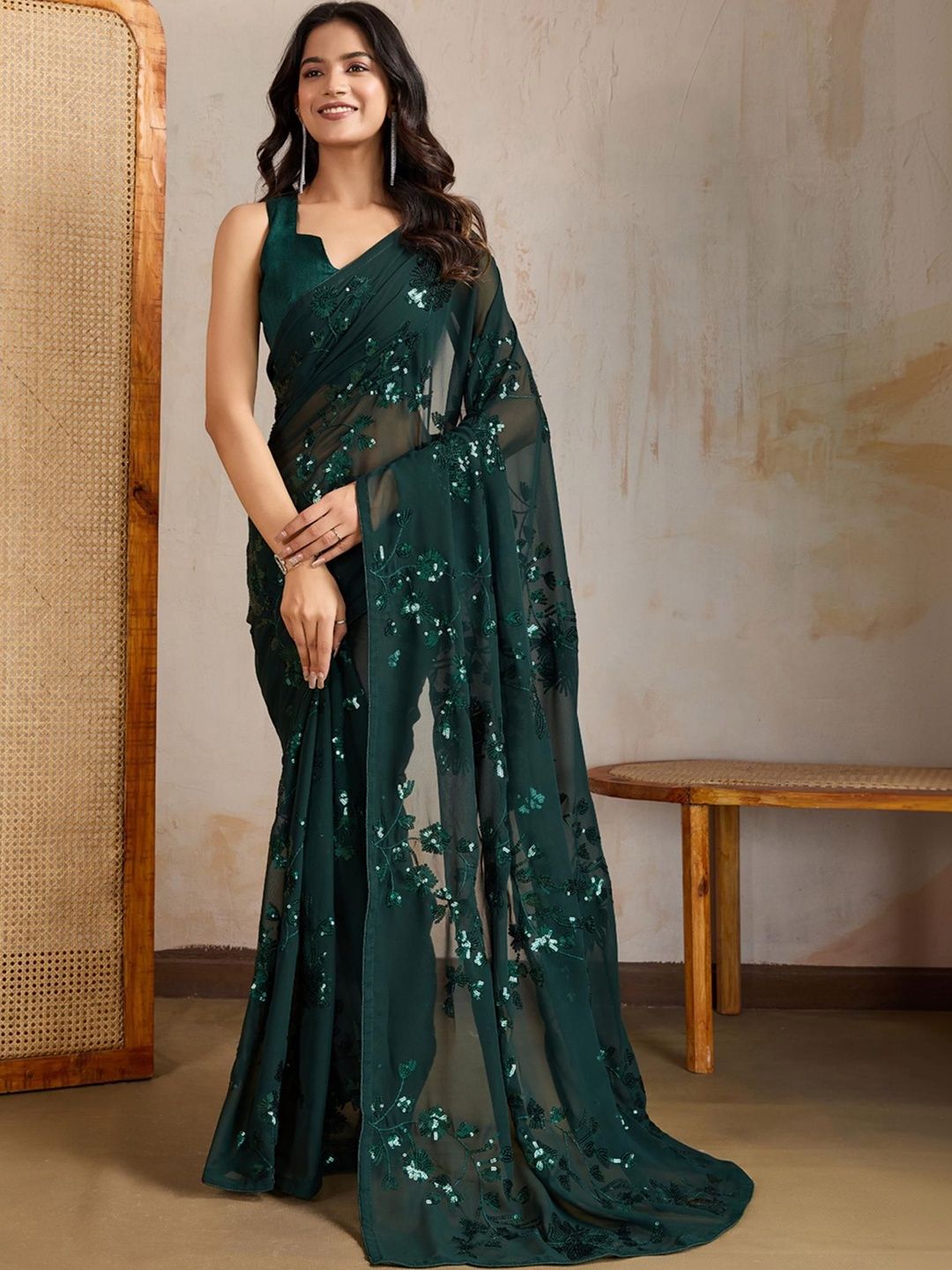 Mitera Embellished Sequinned Pure Georgette Designer Saree