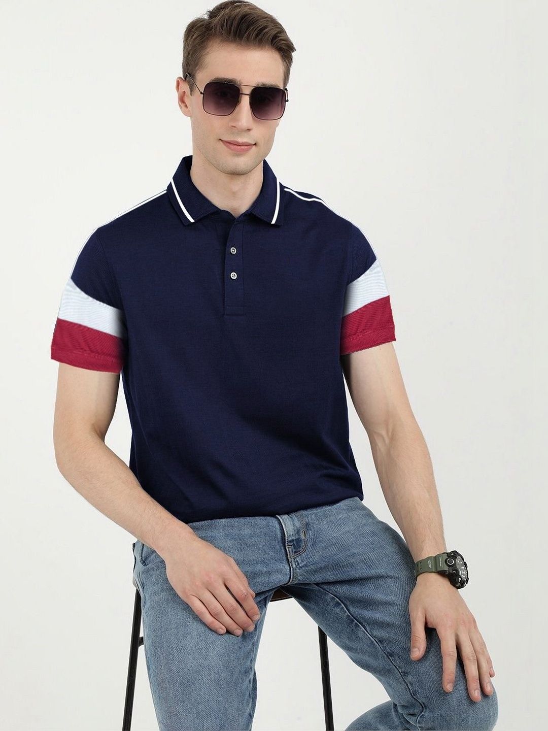Leotude Cotton Colourblocked Short Sleeves Polo Collar Regular Fit T-Shirt